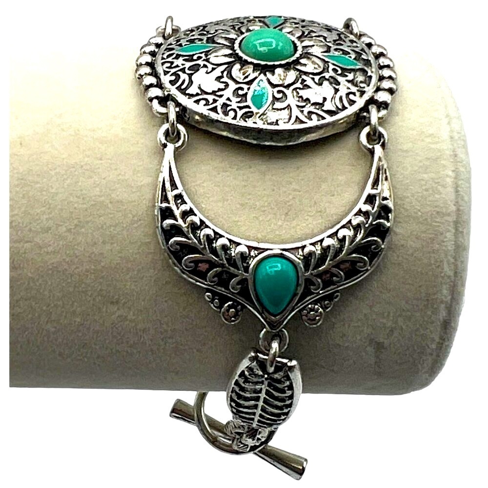 Silver Tone & Faux Turquoise Floral Filigree Bracelet A21 - Picture 1 of 10